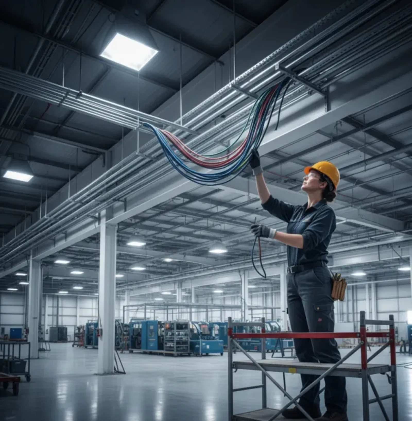 Technician installing cable infrastructure in an industrial facility