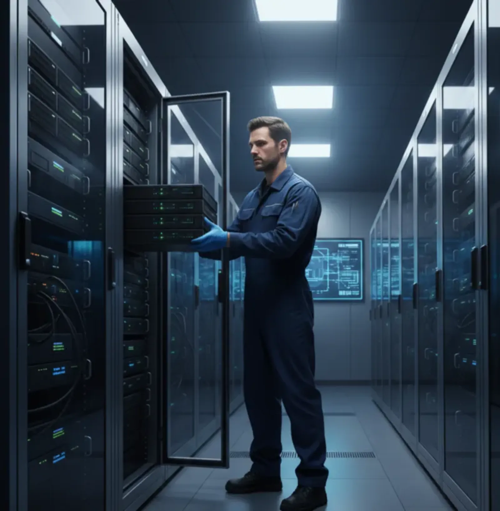 Technician servicing servers in a data center