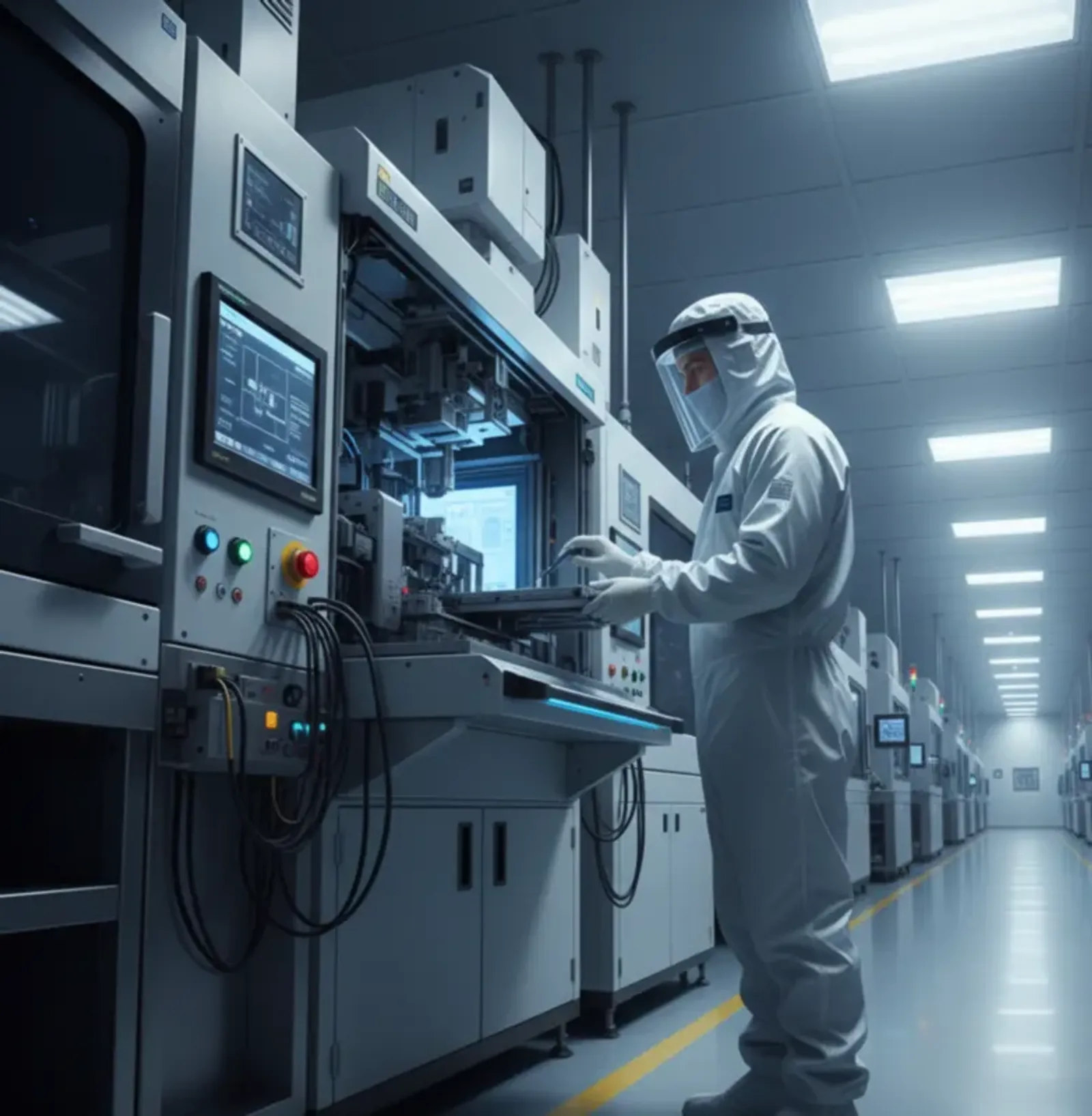 Cleanroom operator working at semiconductor manufacturing equipment