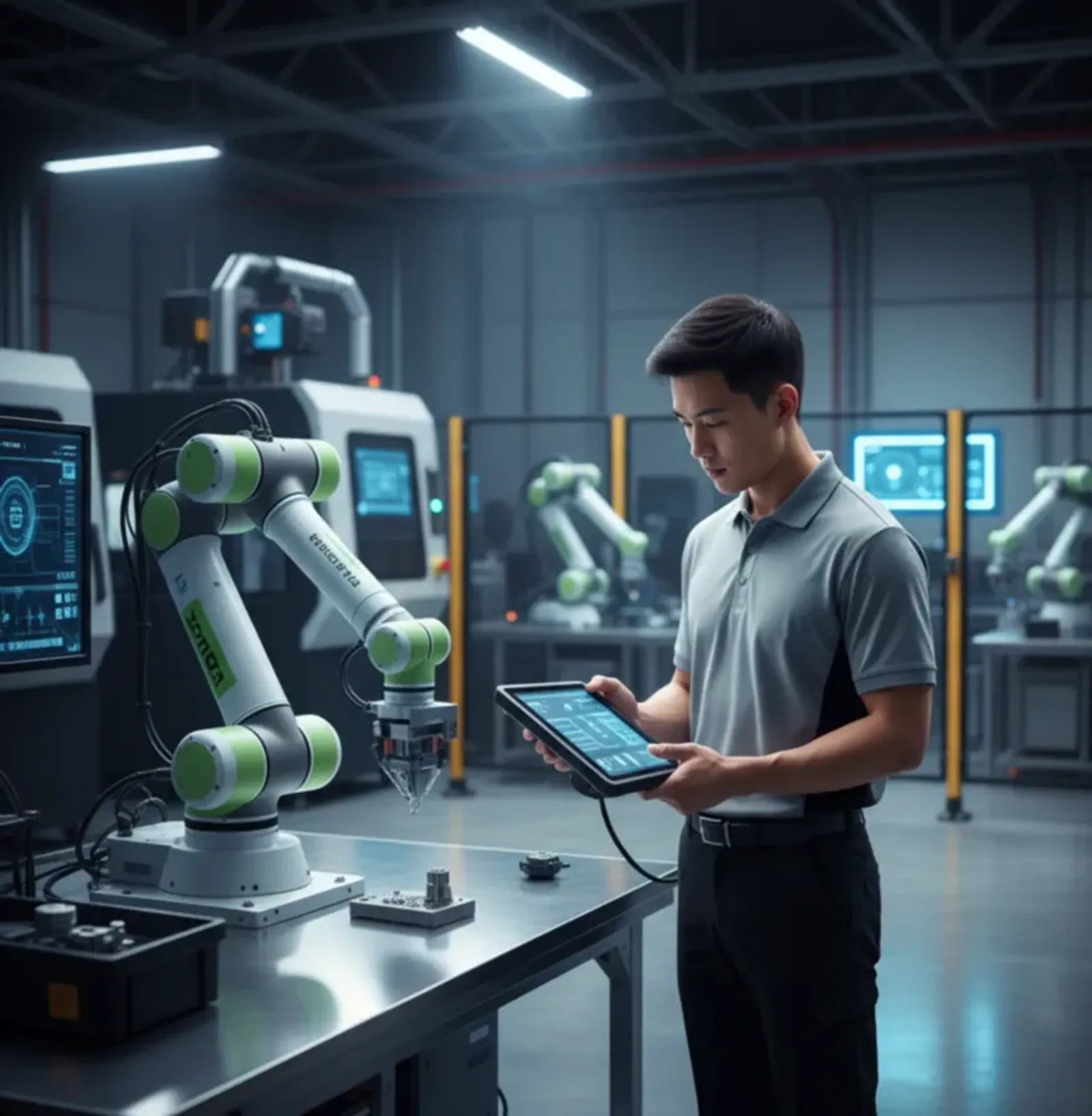 Technician reviewing robotics data on a tablet