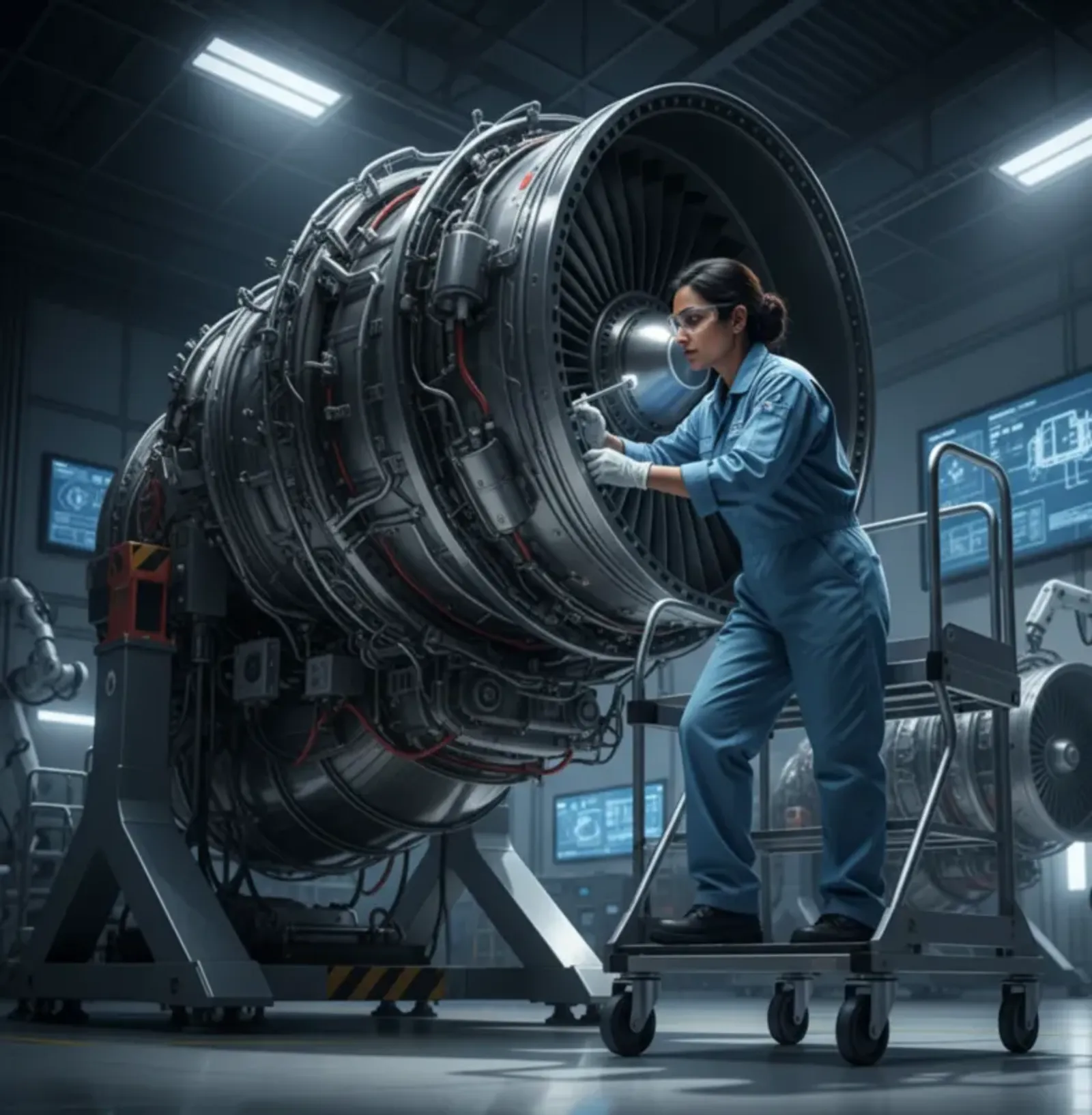 Technician inspecting a turbofan engine in an aerospace facility