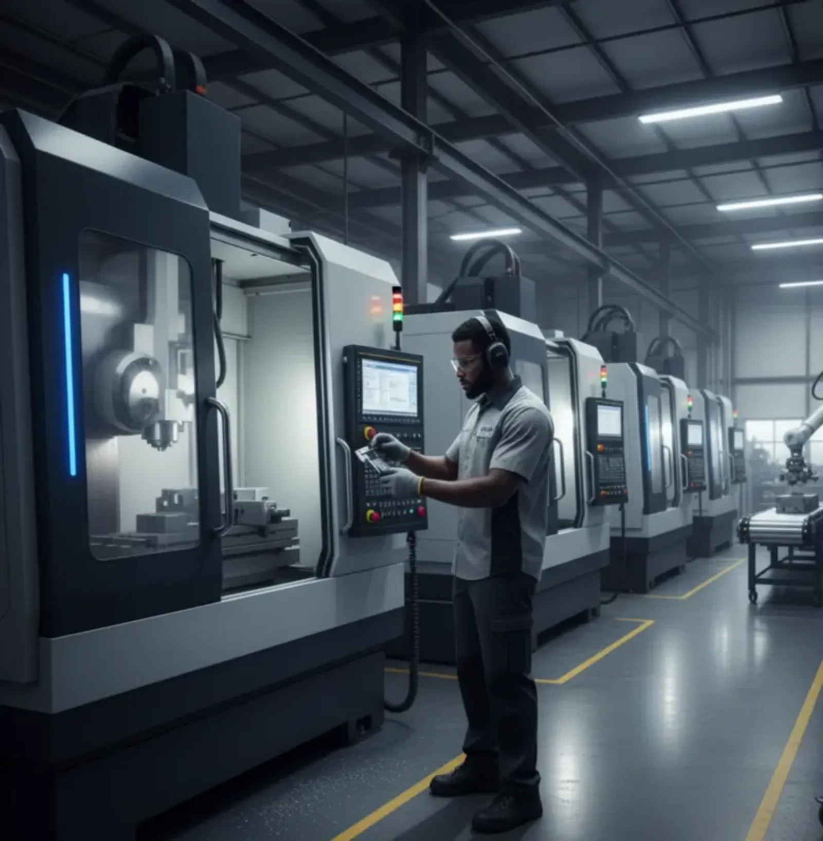 Machinist operating a CNC machining center on a production floor
