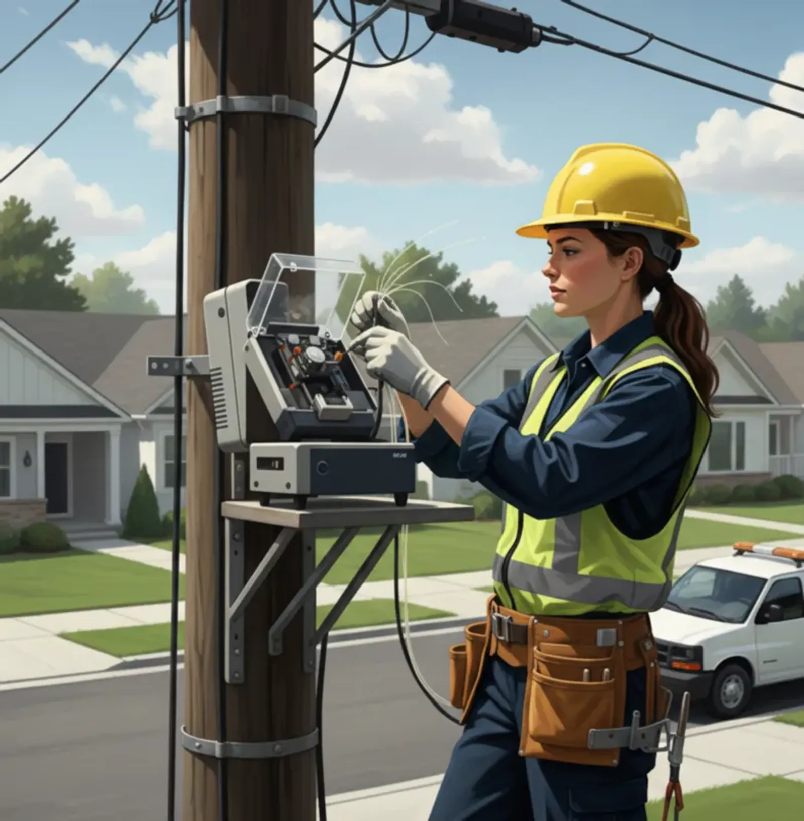 Utility technician working on equipment in a residential neighborhood