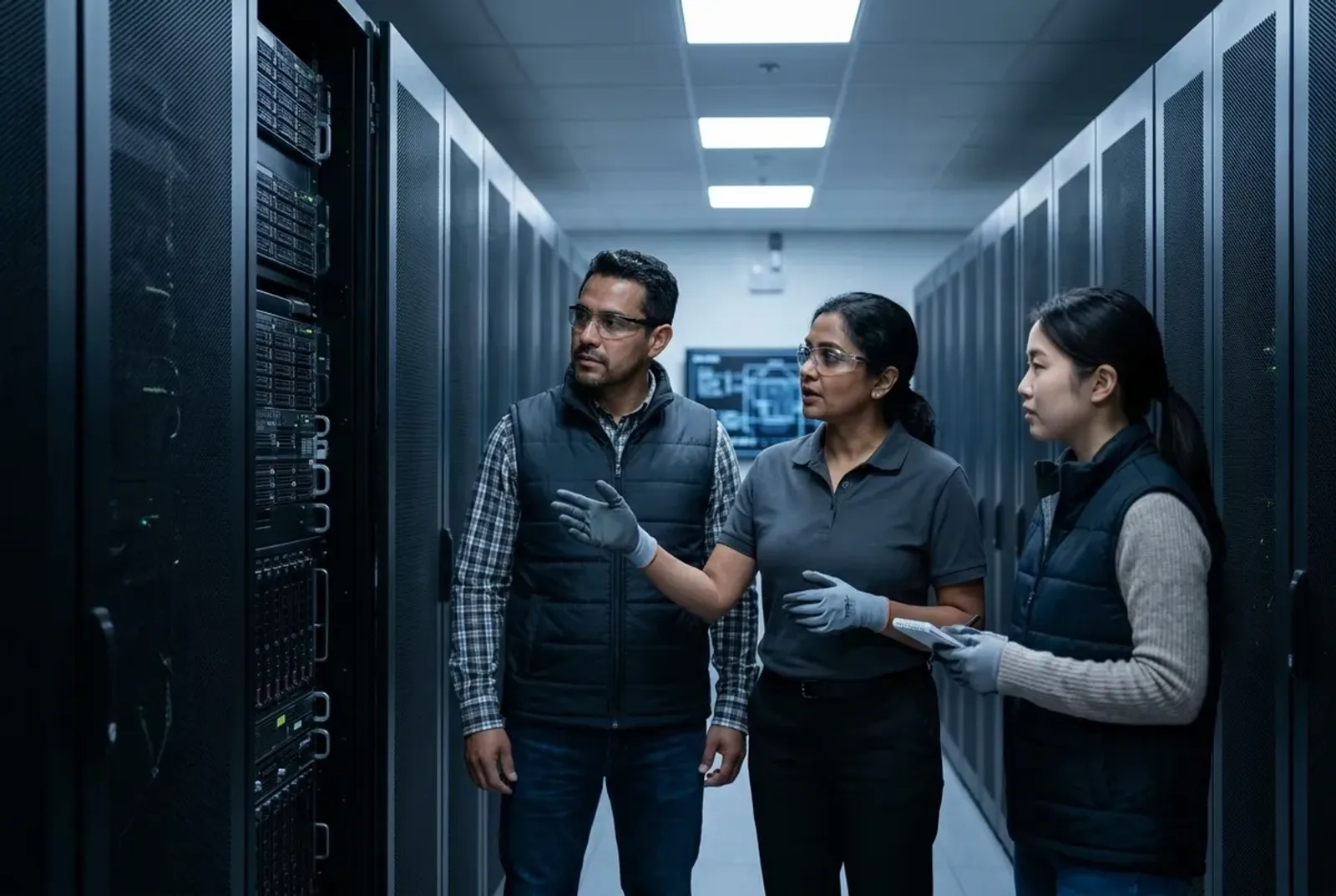 Employer representative talking with two learners during a data center tour