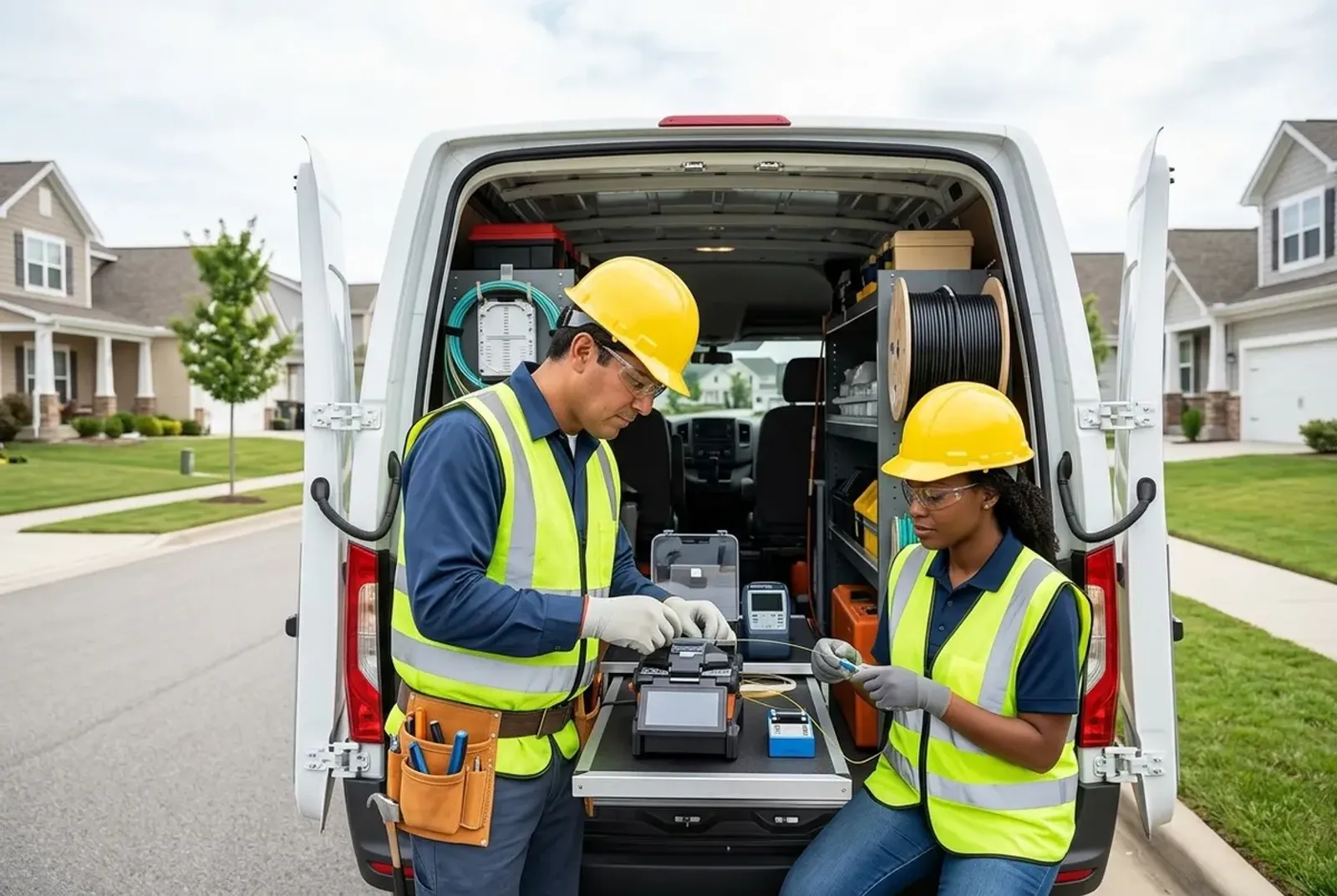 Fiber-optic technicians splicing cable at the back of a service van on a neighborhood street