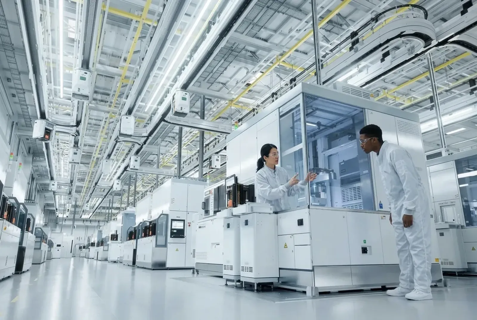 Experienced technician mentoring a newer technician beside automated production equipment
