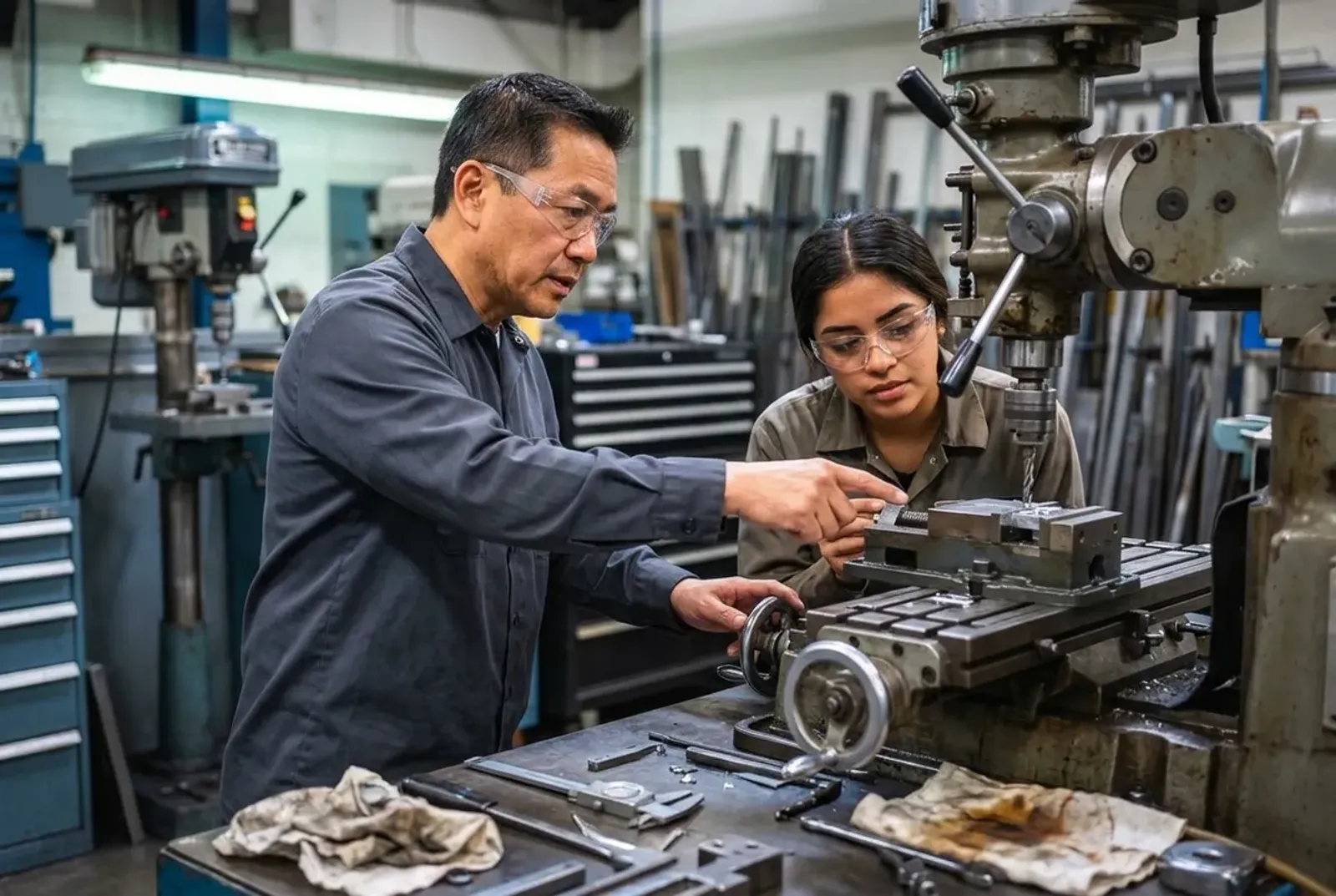 Instructor demonstrating a milling machine to a student in a technical workshop