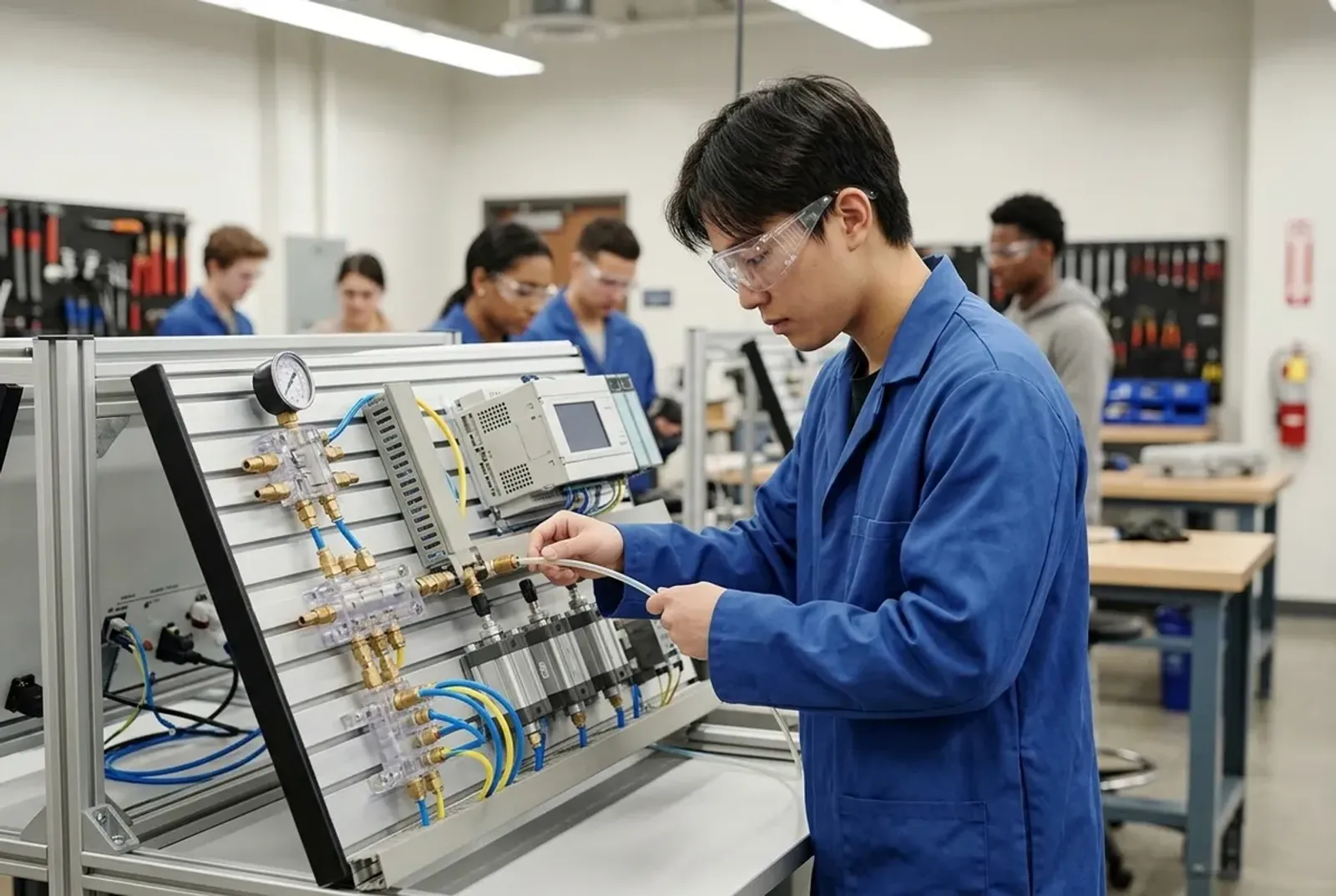 Student in safety glasses assembling a pneumatics trainer board in a technical classroom