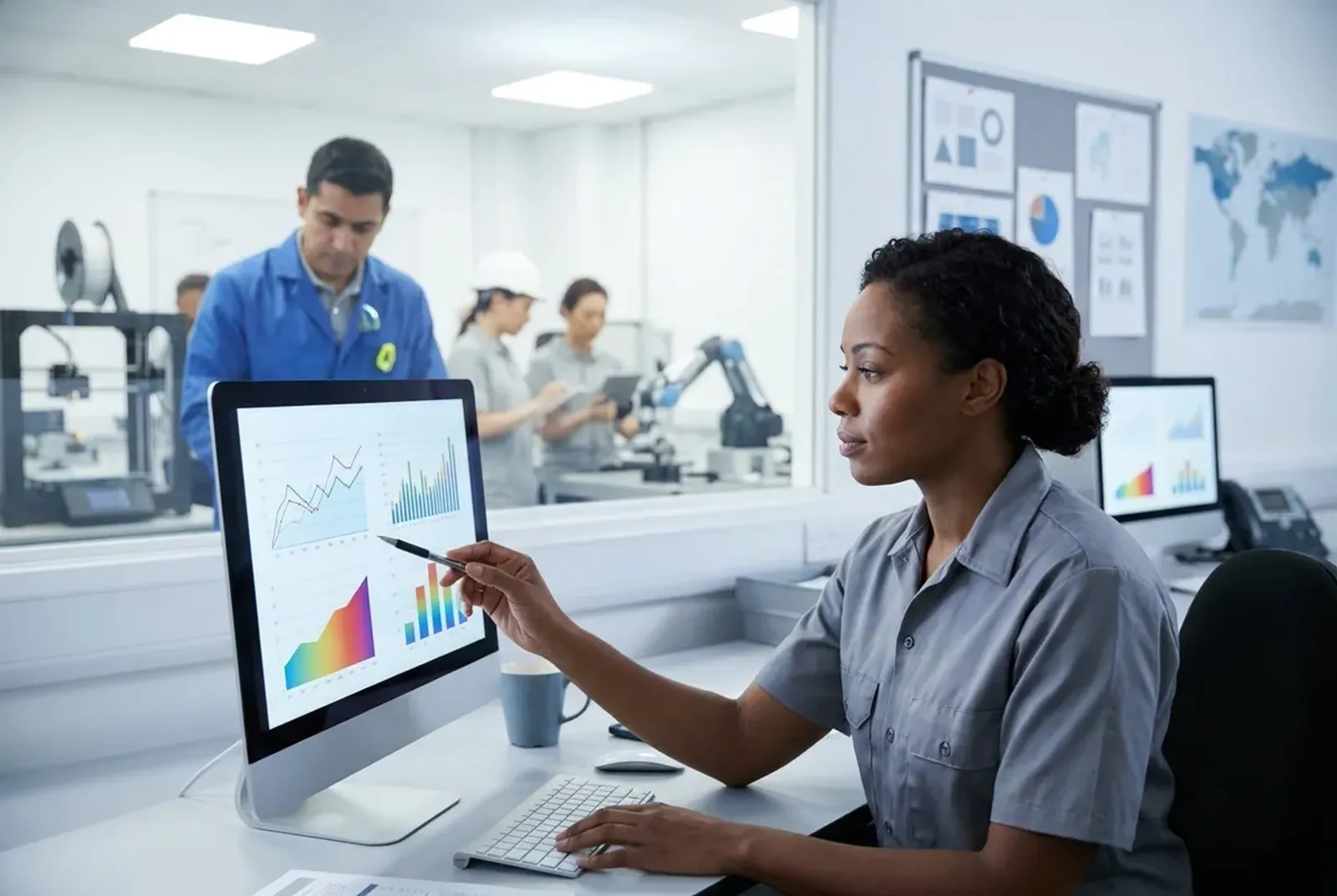 Program staff member reviewing progress charts on a monitor beside a training lab