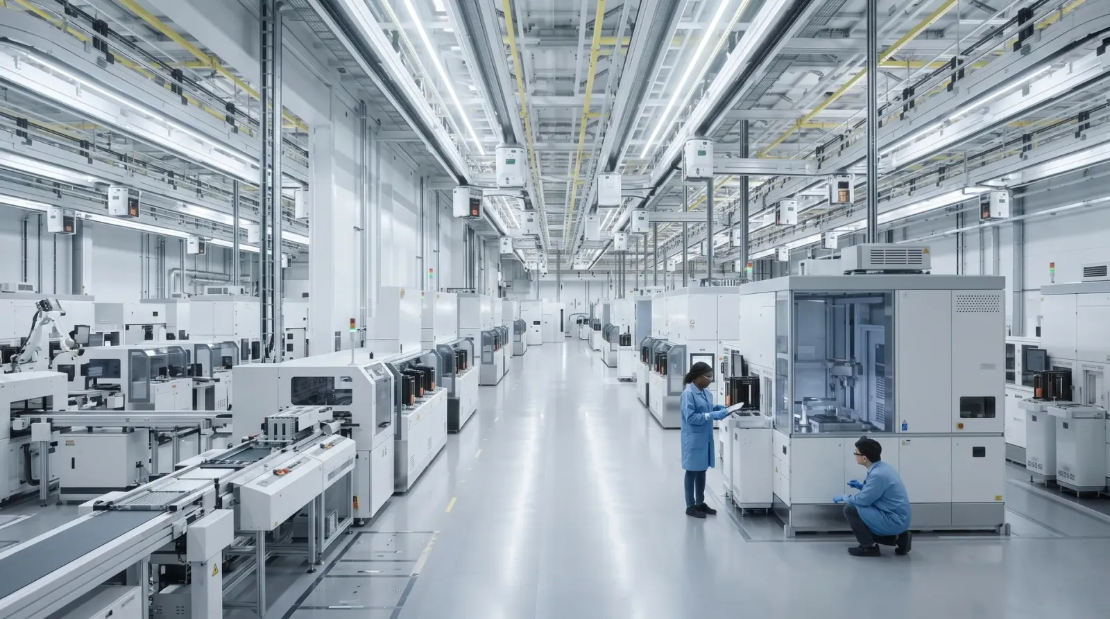 Bright modern advanced-manufacturing hall with lines of automated equipment