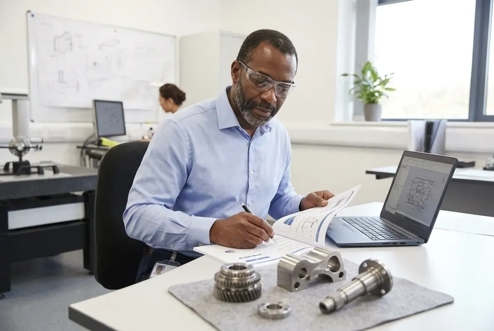 Experienced engineer preparing training material at a desk with machined sample parts