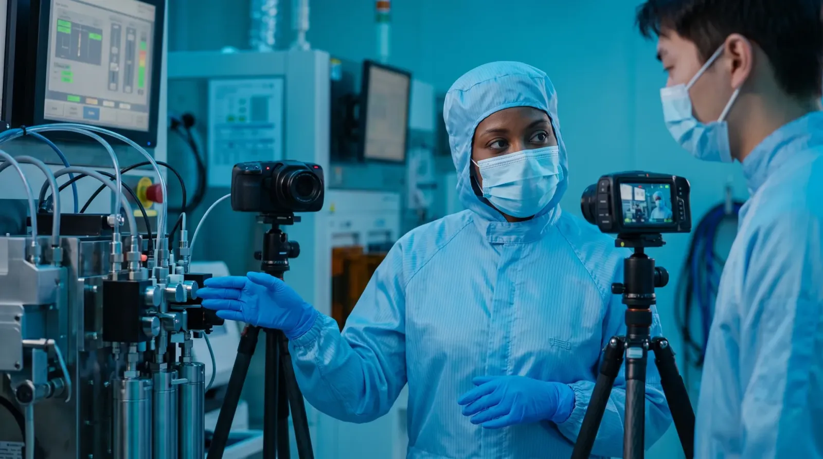 Subject-matter expert in a cleanroom suit explaining a process on camera inside a fab