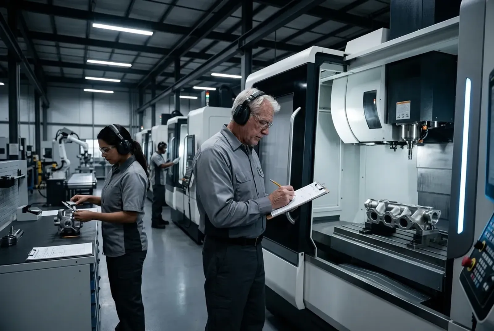 Veteran machinist writing notes on a clipboard beside a CNC machine