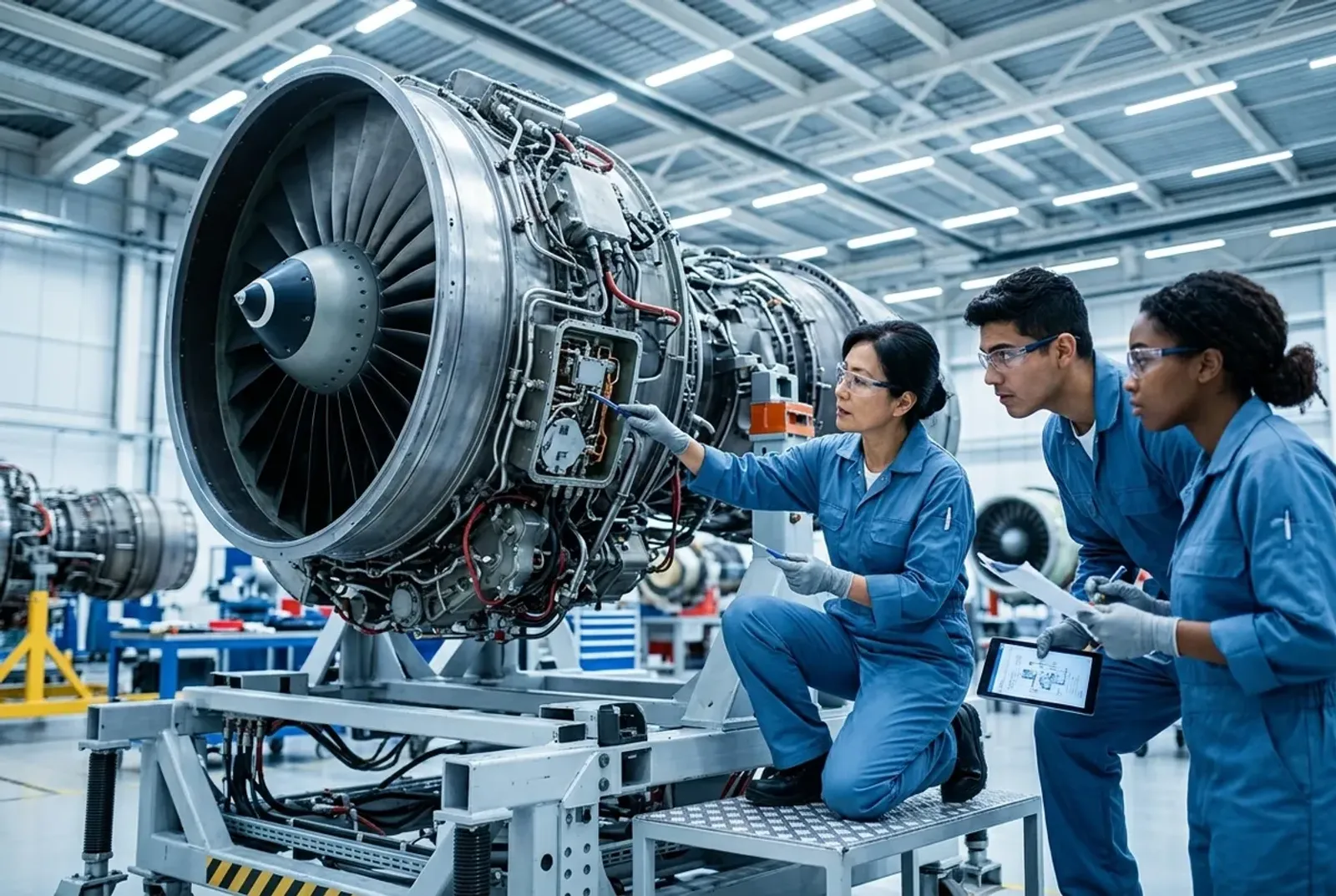 Aerospace technician mentoring two apprentices beside a jet engine on a maintenance stand