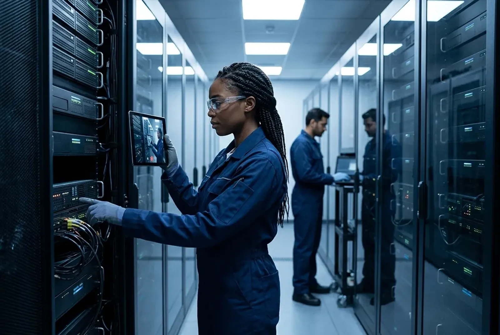 Technician recording a server rack walkthrough with a tablet in a data center