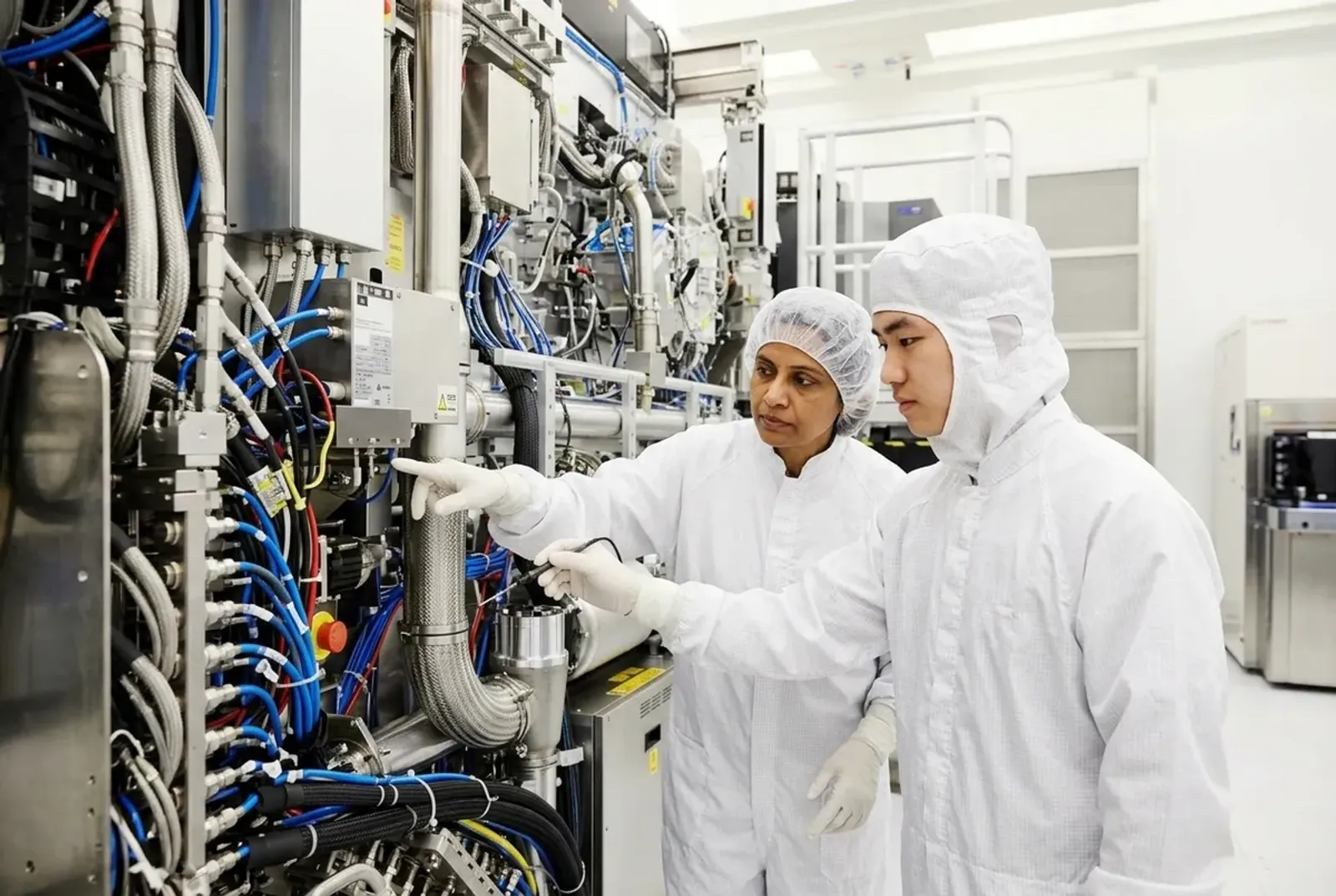 Engineer and apprentice in cleanroom suits working on a complex semiconductor tool