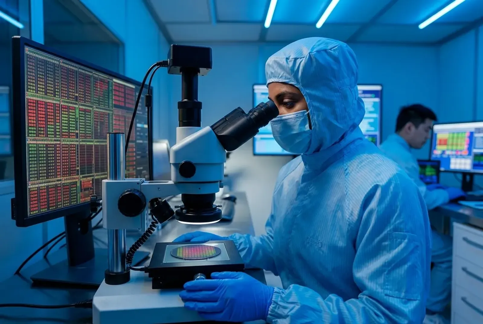 Cleanroom technician inspecting a wafer under a microscope