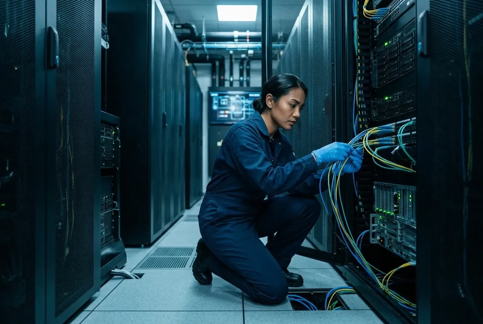 Data center technician connecting fiber patch cables at a server rack
