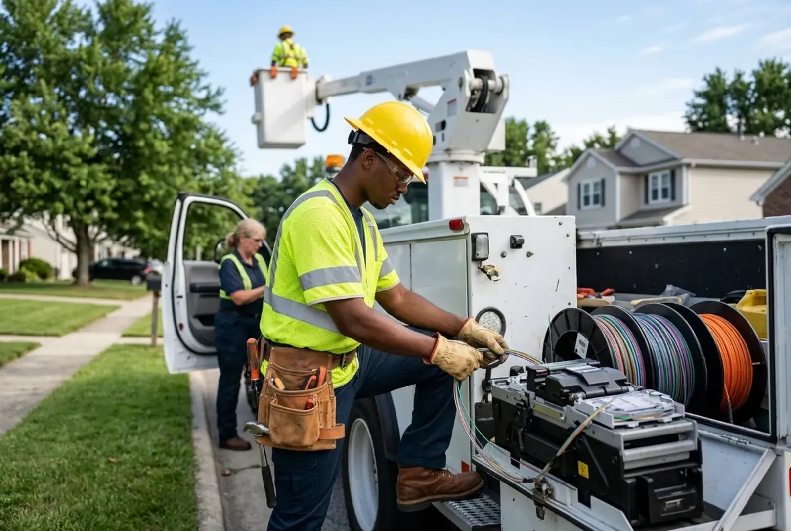 Lineworker apprentice preparing equipment beside a utility bucket truck