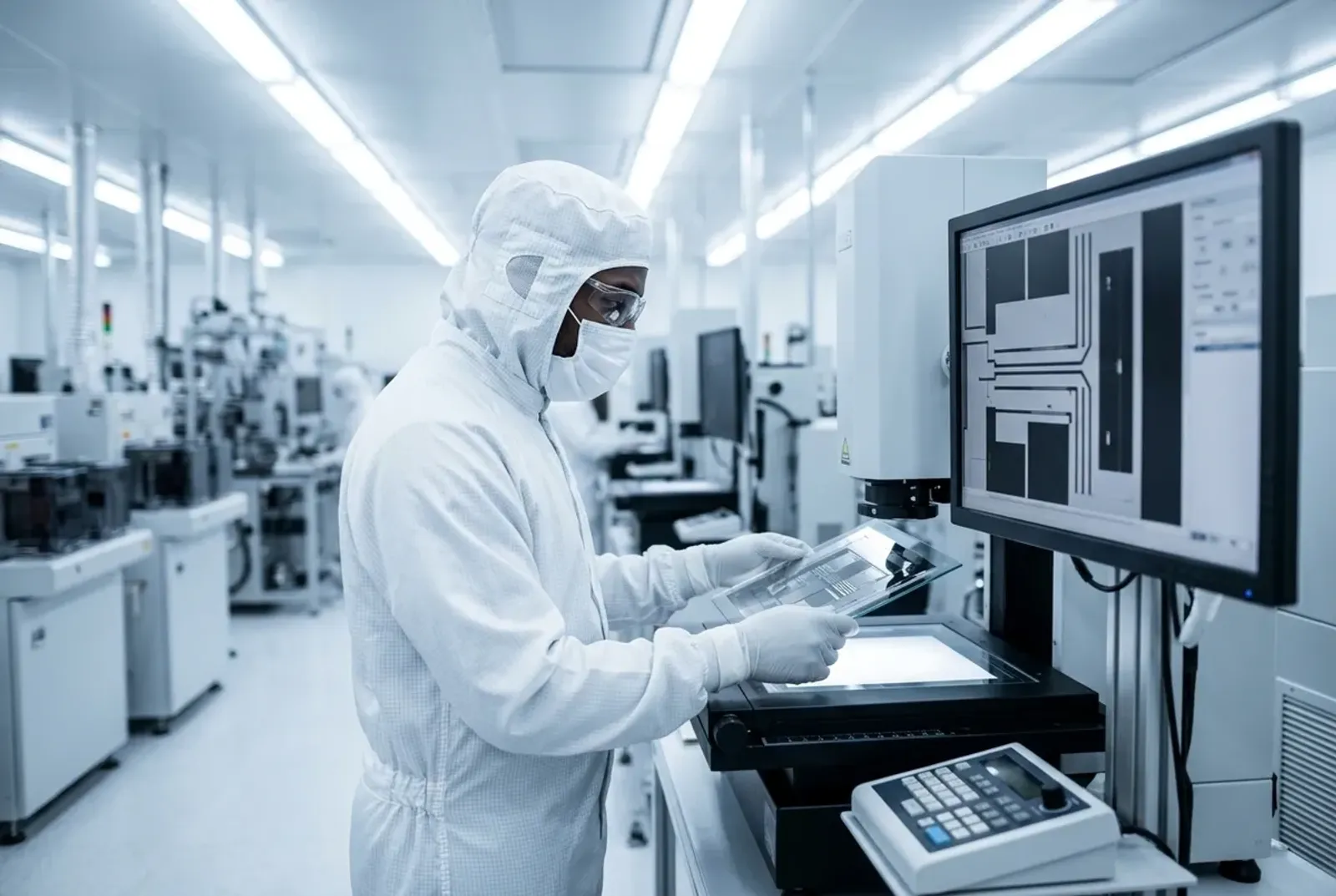 Cleanroom technician inspecting a photomask at an inspection station