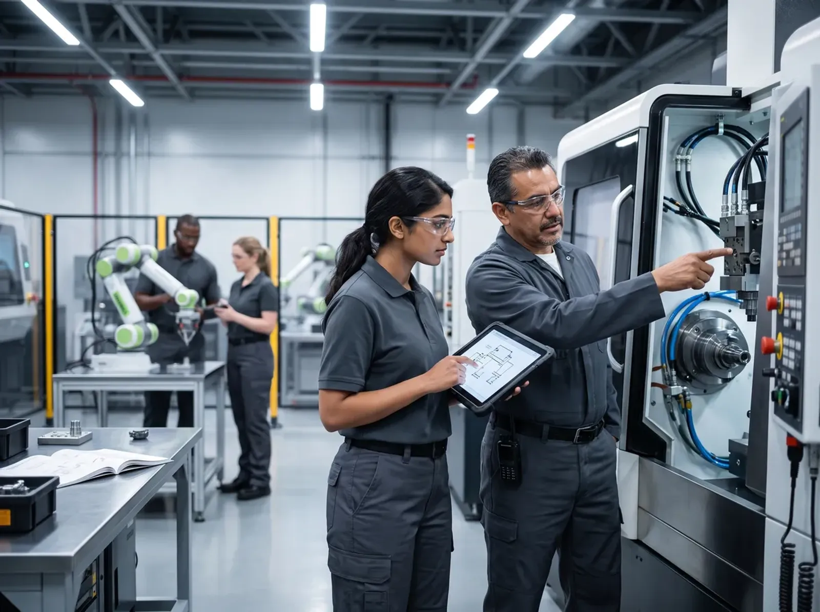 Lead technician coaching a newer employee who follows a training lesson on a tablet beside a CNC machine
