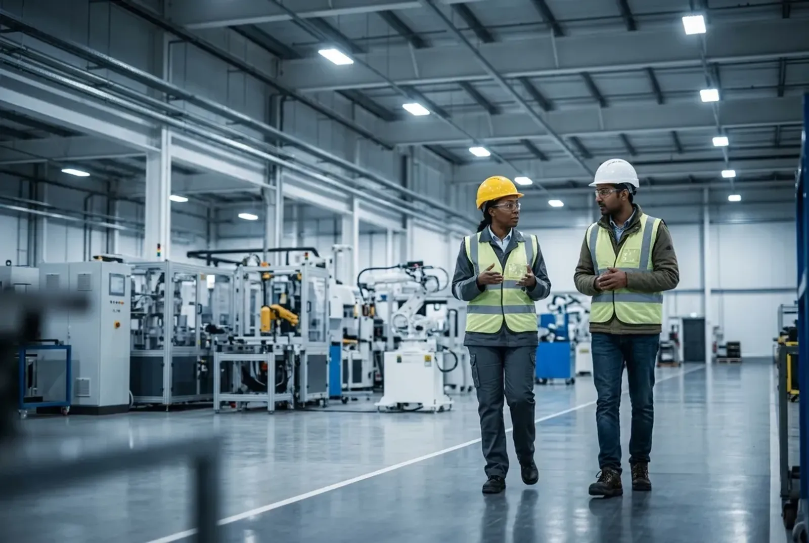 Plant manager walking a visitor through a modern manufacturing hall