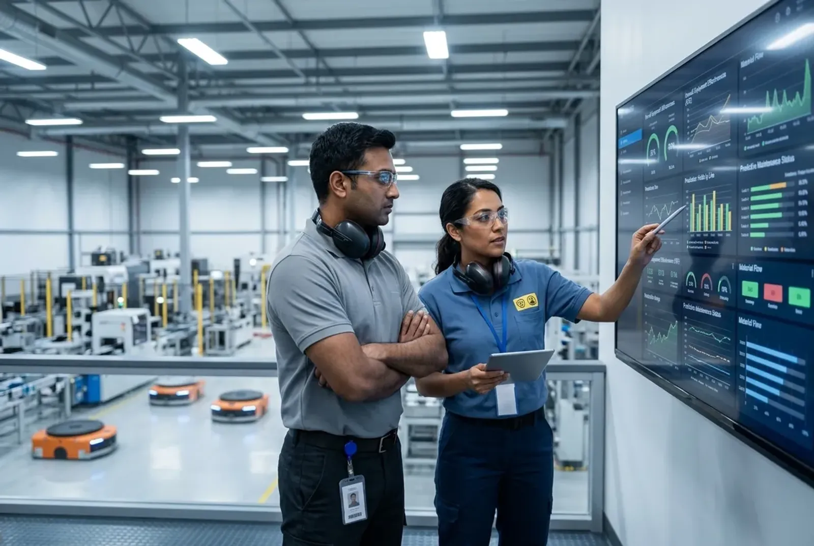 Technician and team lead reviewing production dashboards on a factory floor