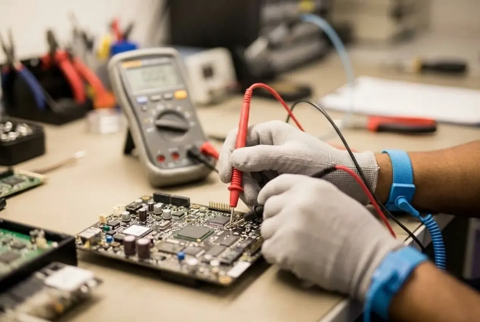 Technician testing a circuit board with a multimeter's red and black probes