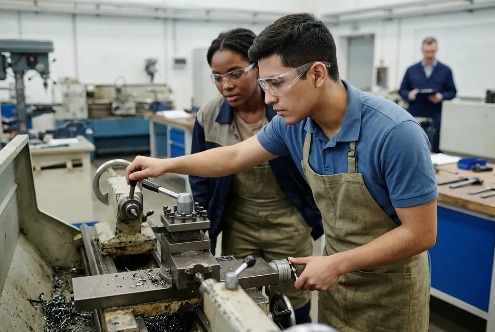 Young worker being trained at a manual lathe in a training workshop