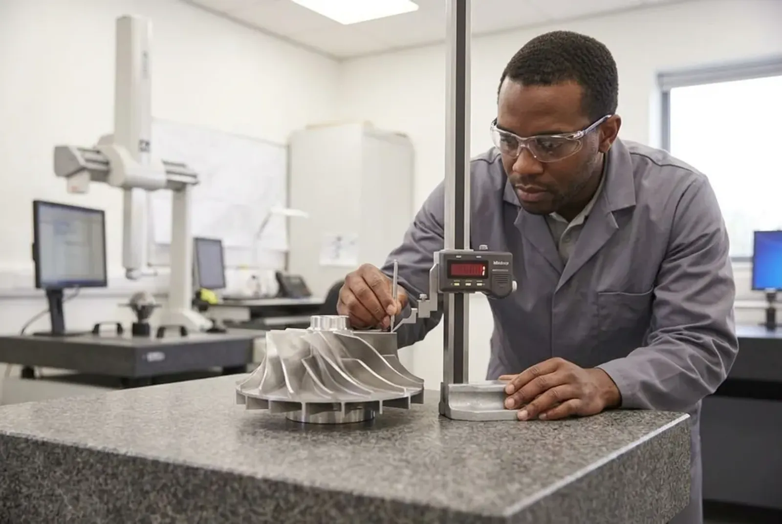 Quality inspector measuring a precision part with a height gauge on a granite surface plate