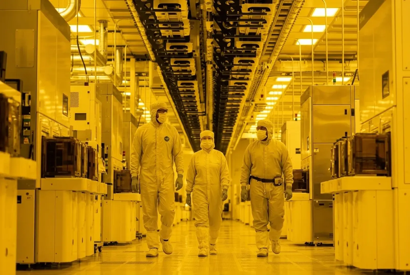 Three technicians in cleanroom garb walking down a yellow-lit fab corridor