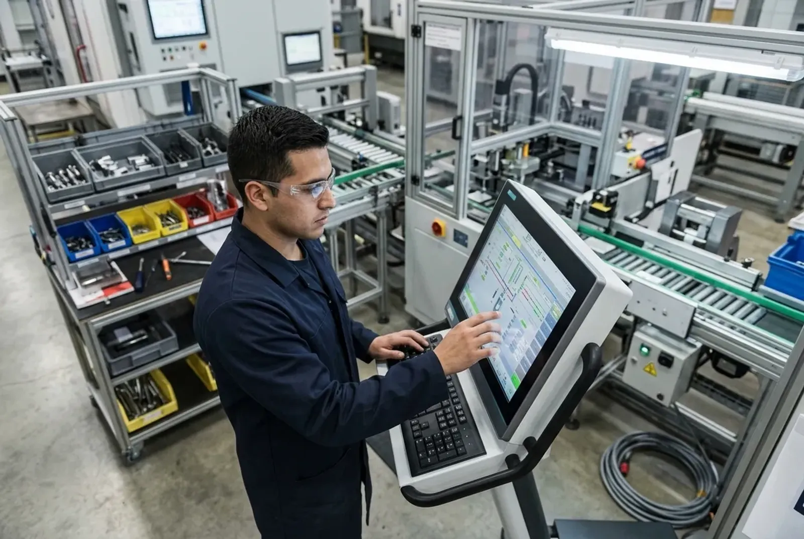 Operator monitoring a production line from a touchscreen station
