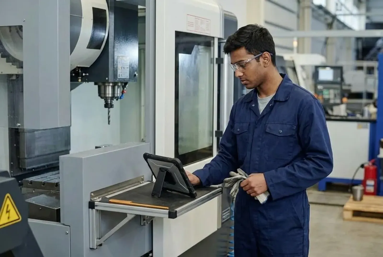Young worker following a lesson on a tablet beside a CNC machine