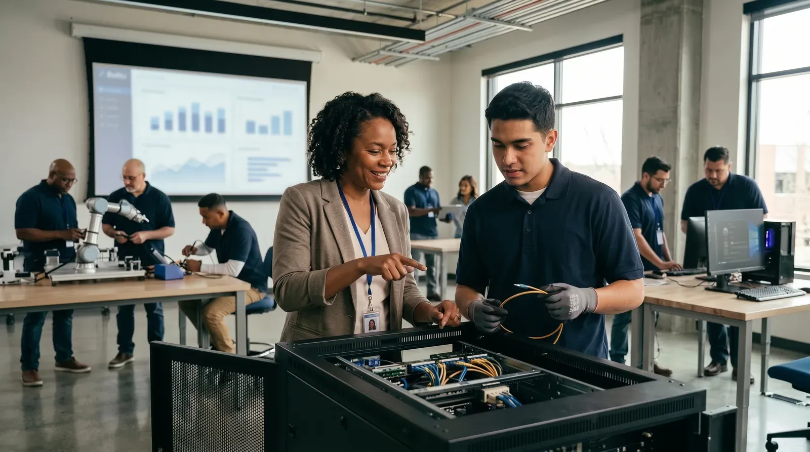 Program instructor coaching a learner on structured cabling in a training lab