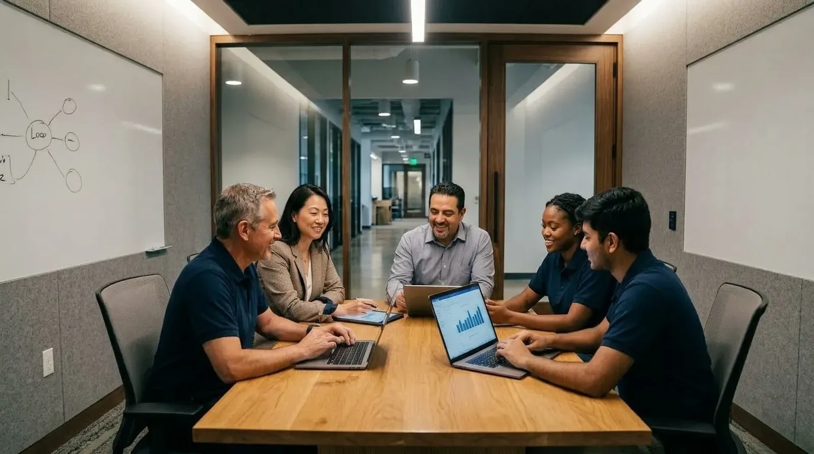 Hiring team and technicians reviewing data together around a conference table