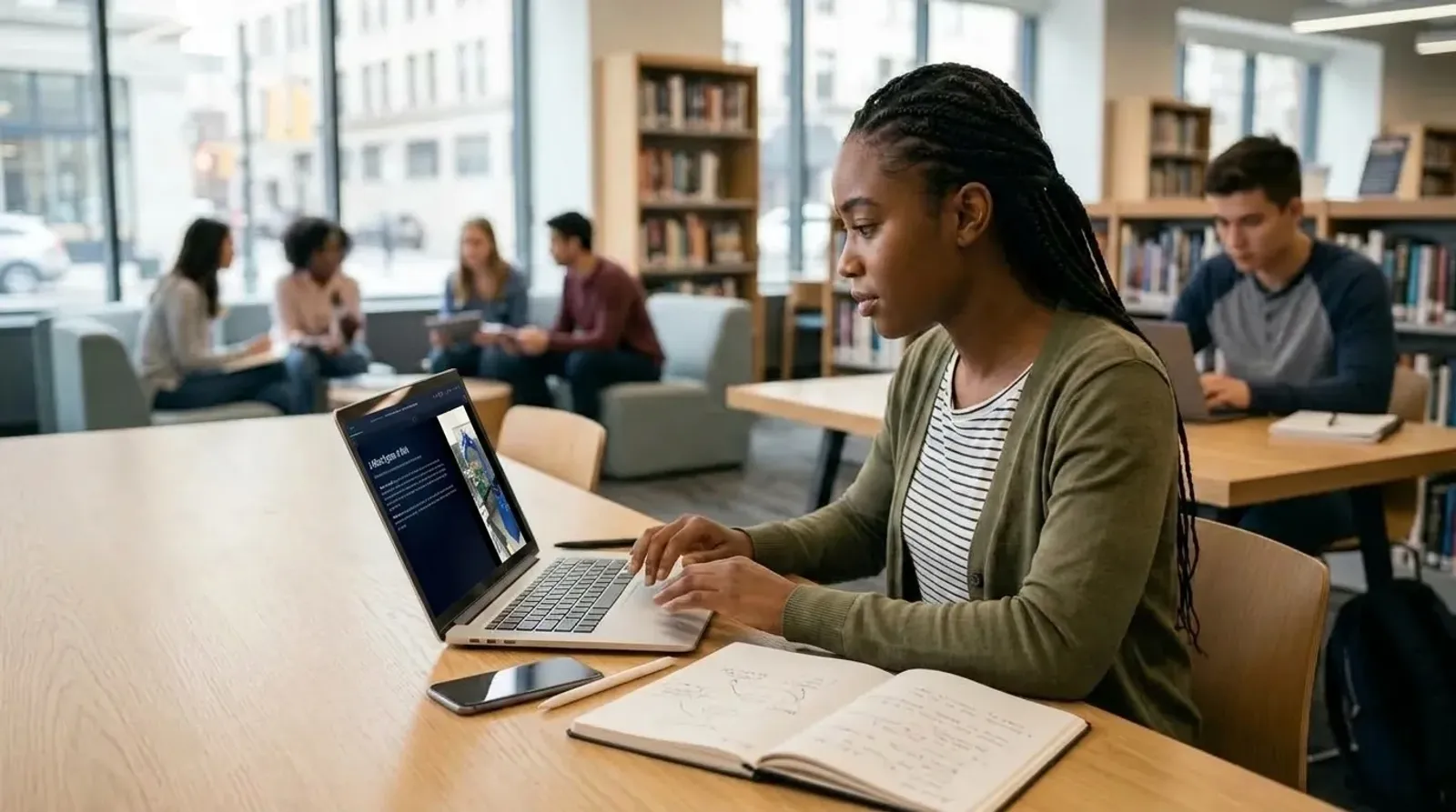 Learner studying a course on a laptop with a notebook in a shared study space