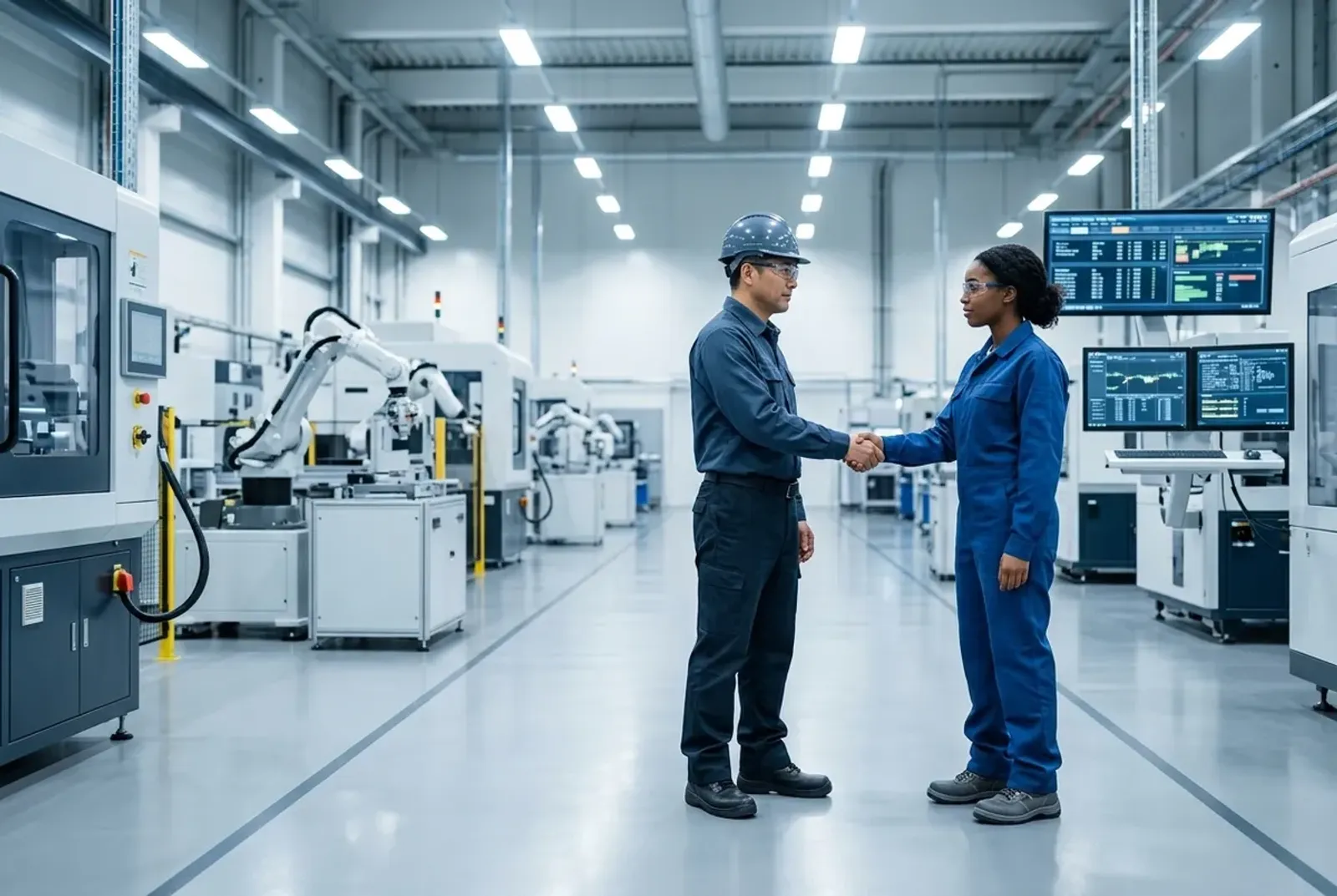 New technician shaking hands with a supervisor on a modern factory floor