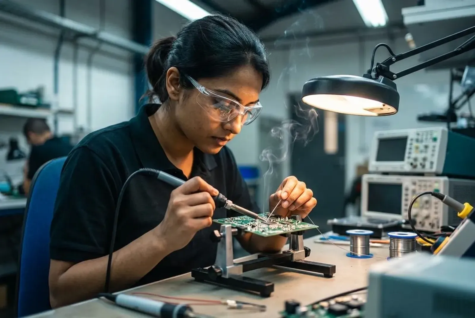 Trainee in safety glasses soldering a circuit board at an electronics workbench
