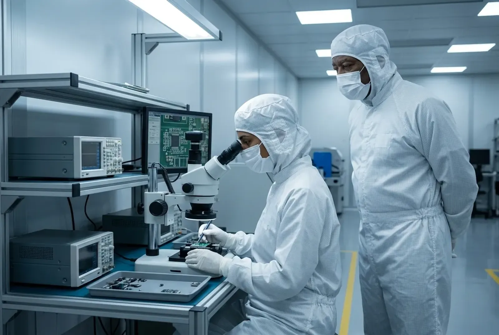Trainee in a cleanroom suit practicing at a workstation while an instructor observes