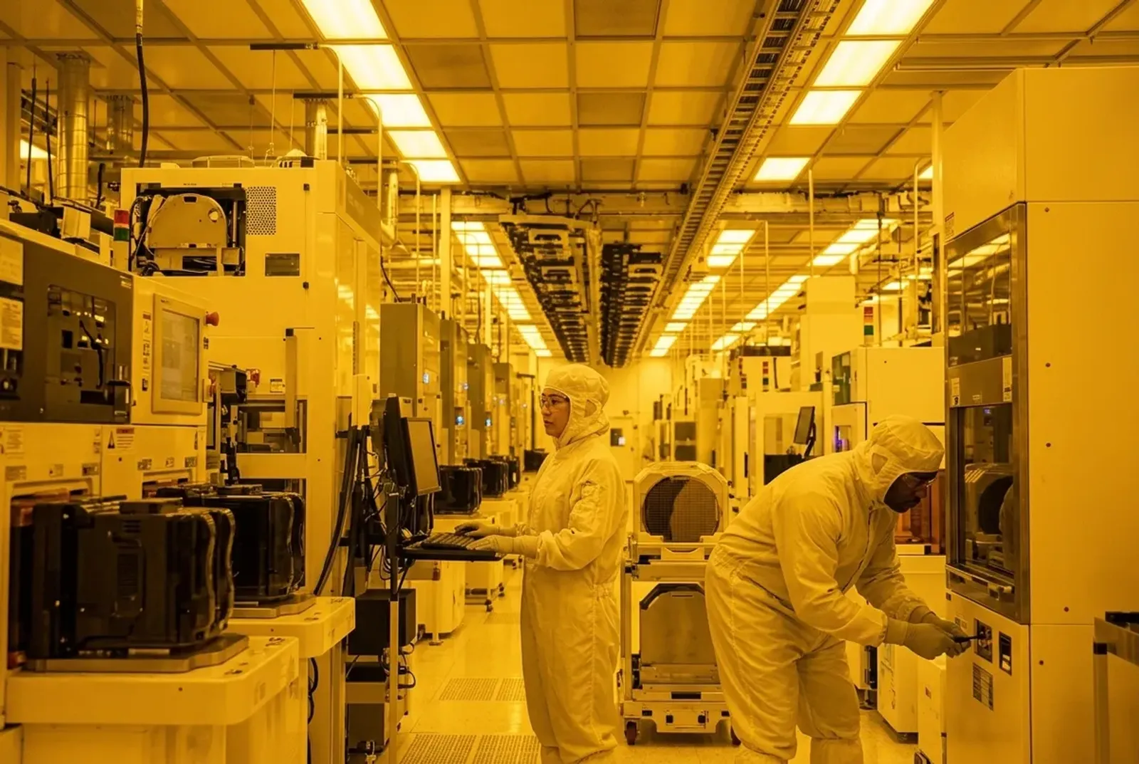 Technicians in cleanroom garb working in a yellow-lit lithography bay