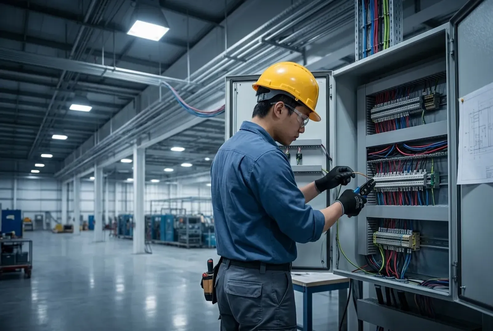 Electrical trainee wiring an industrial control cabinet