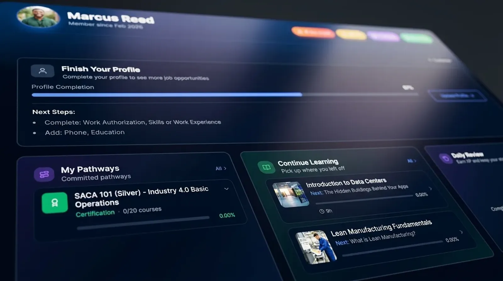 Baltu learner dashboard showing profile completion, pathways and continue-learning cards