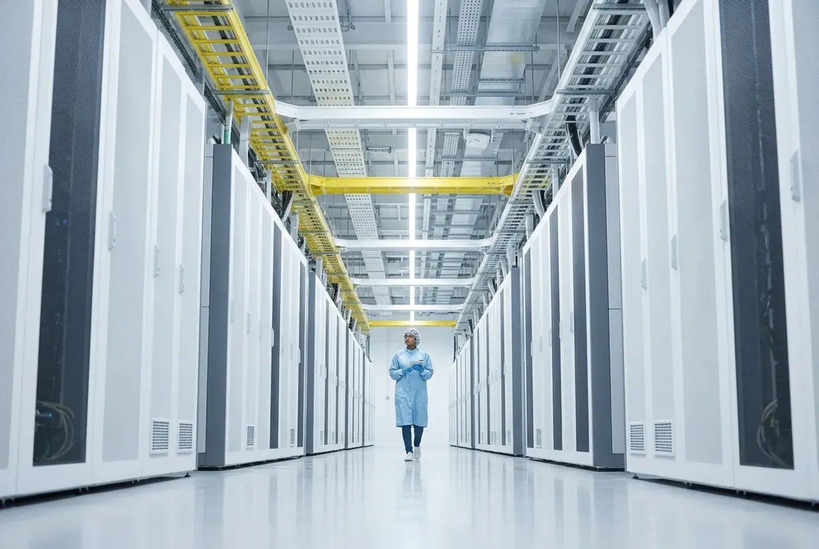 Technician walking down a long aisle of server racks in a bright data center