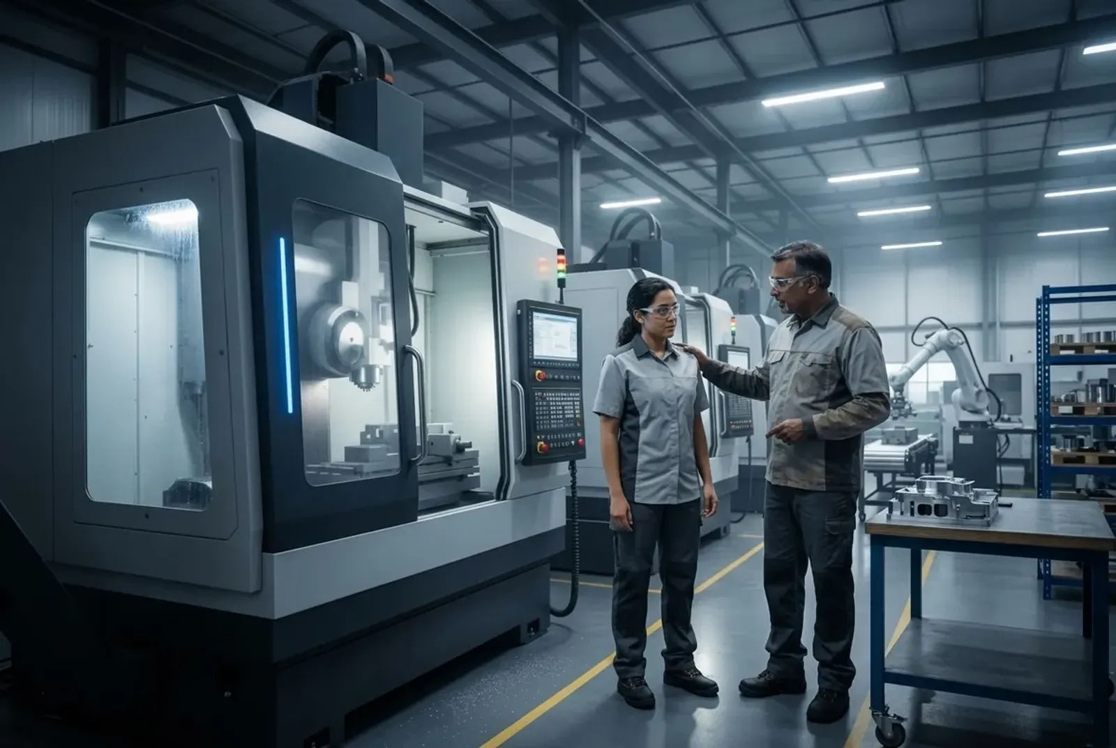 Newly hired machinist being welcomed by a supervisor beside a CNC machining cell