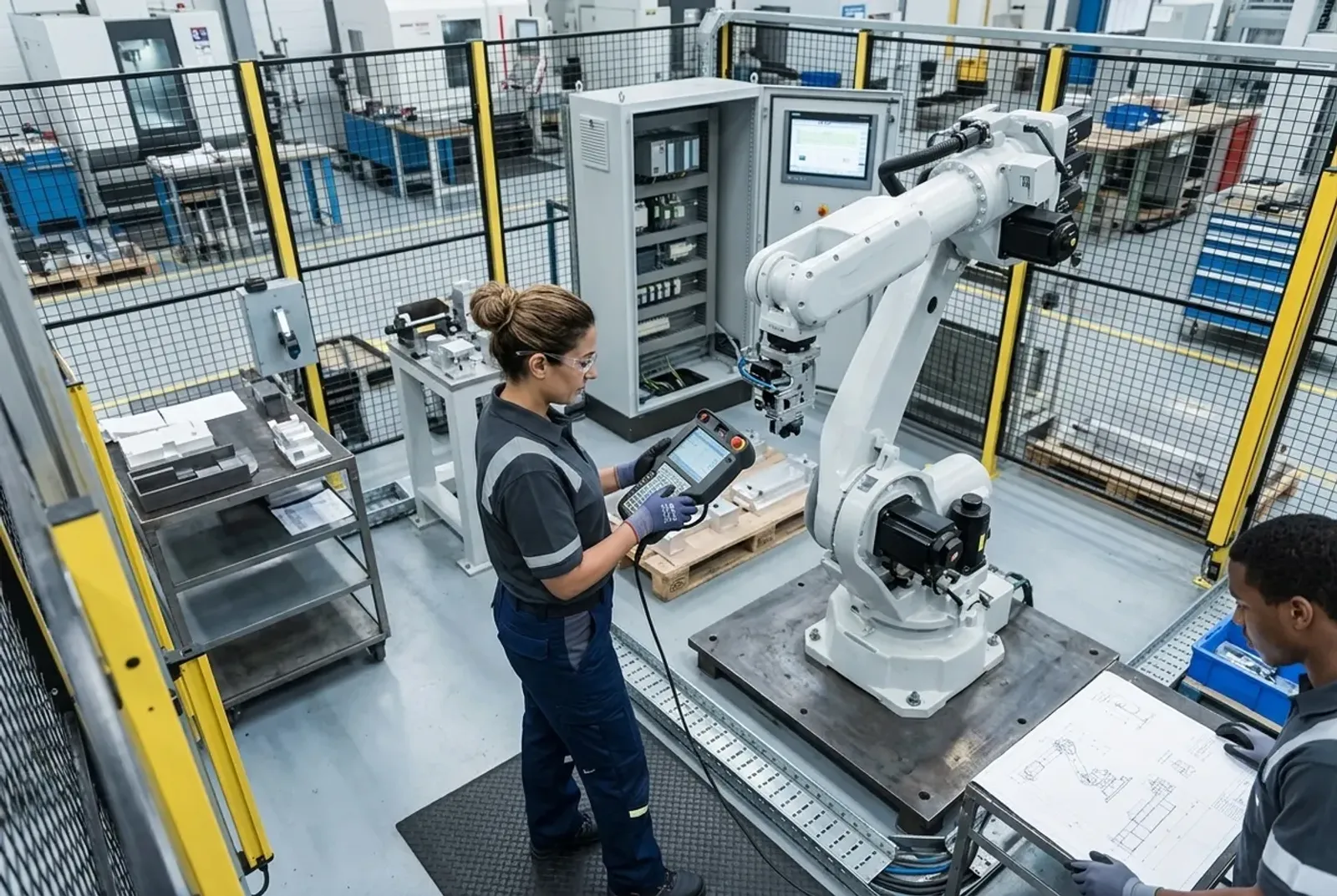 Technician programming an industrial robot cell with a teach pendant