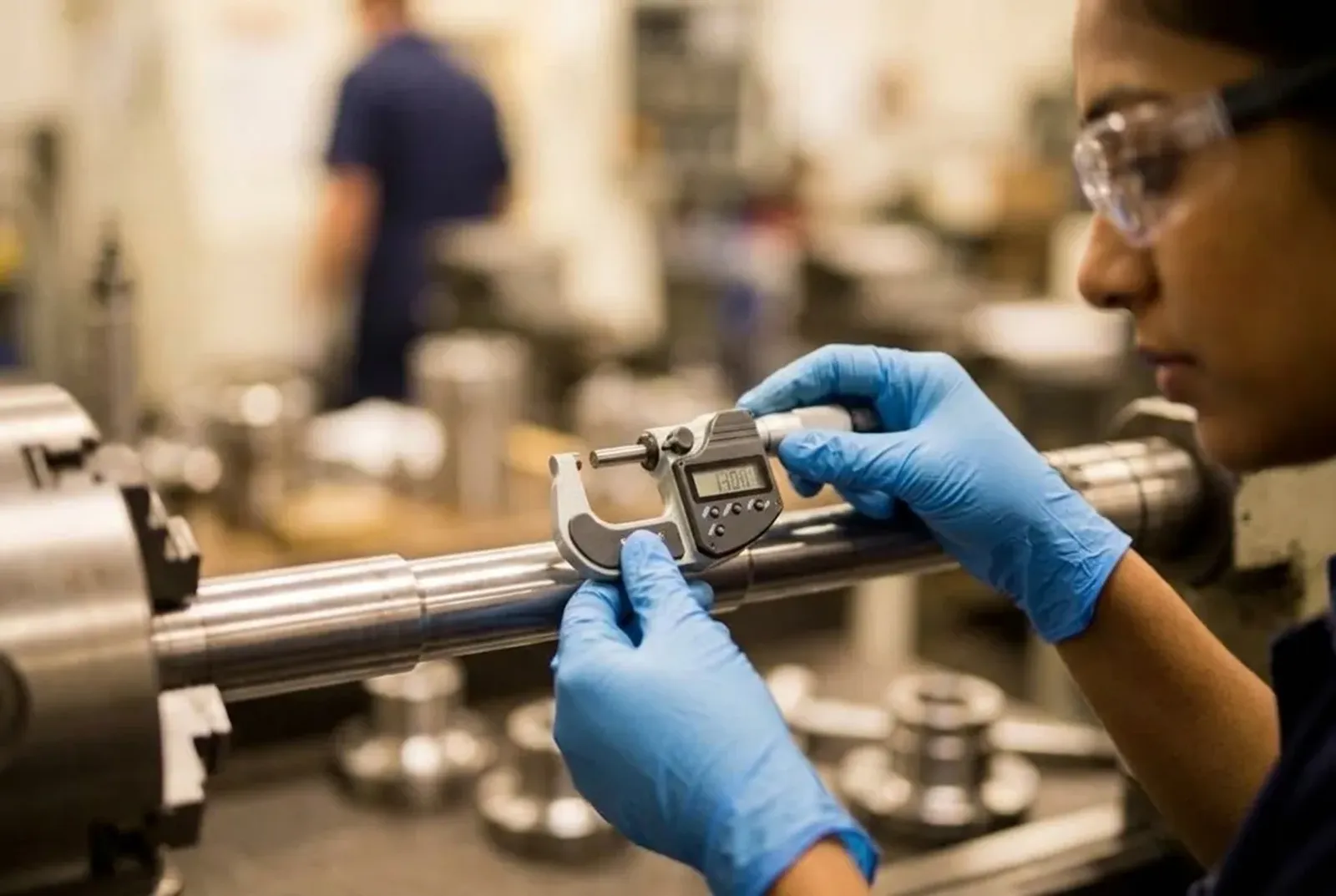 Hands measuring a machined shaft with a micrometer