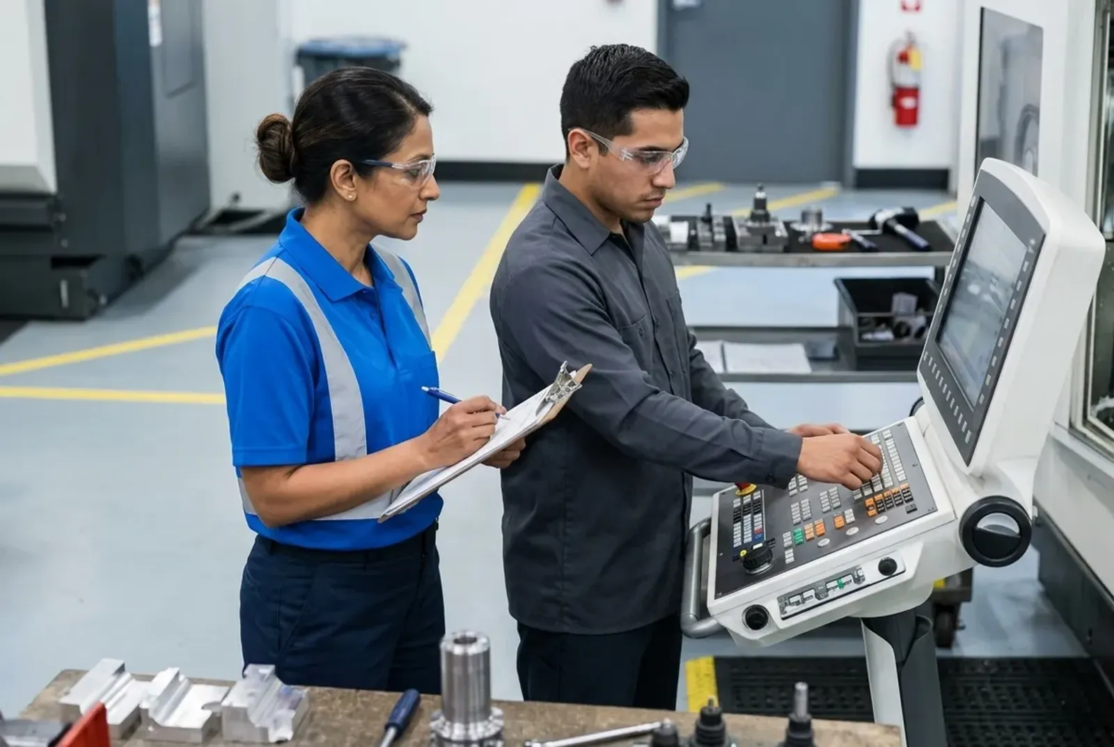 Hiring manager watching a candidate demonstrate skills at an industrial control panel