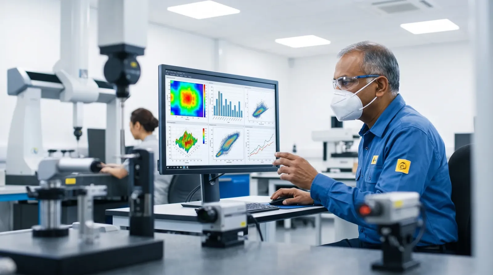 Engineer reviewing measurement charts in a metrology lab