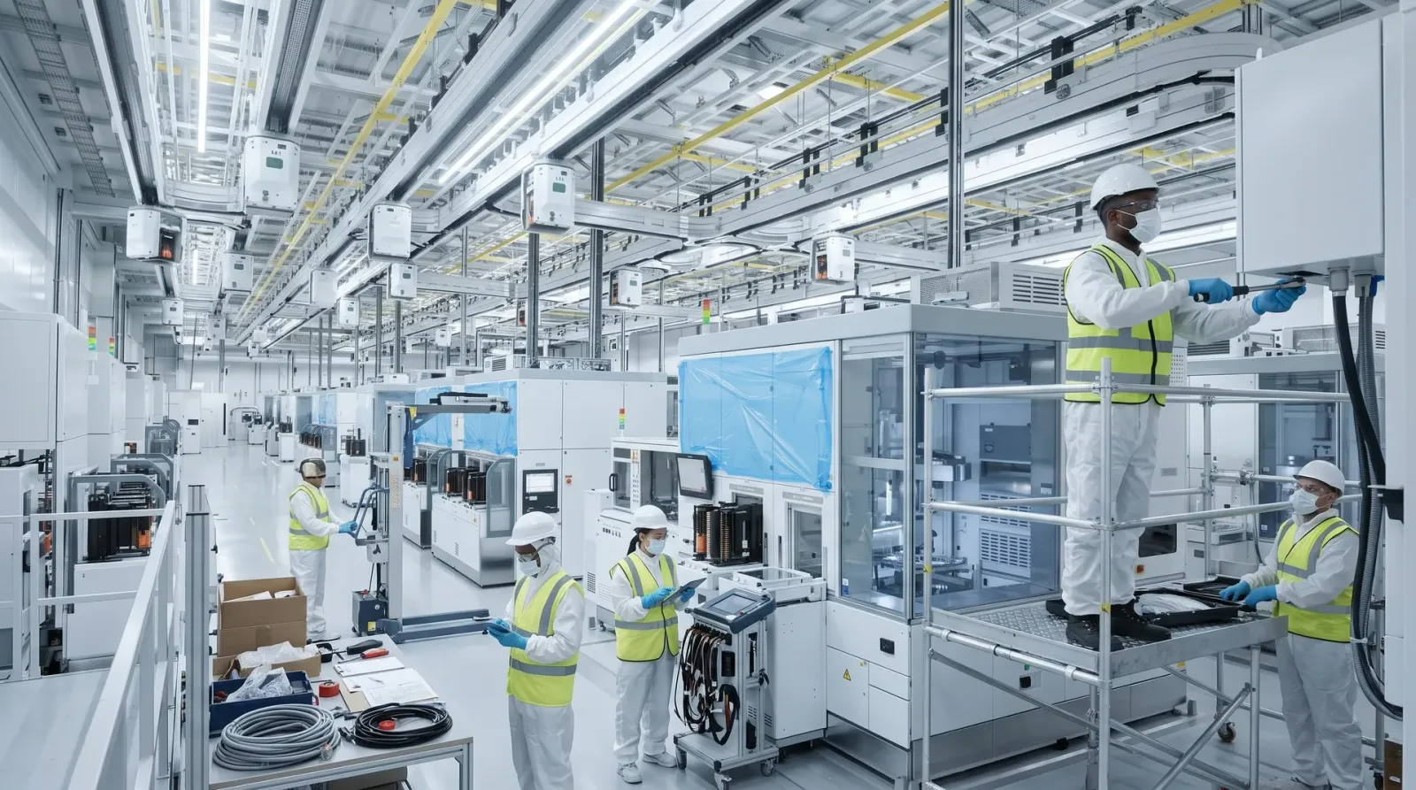 New high-tech manufacturing facility with equipment being installed