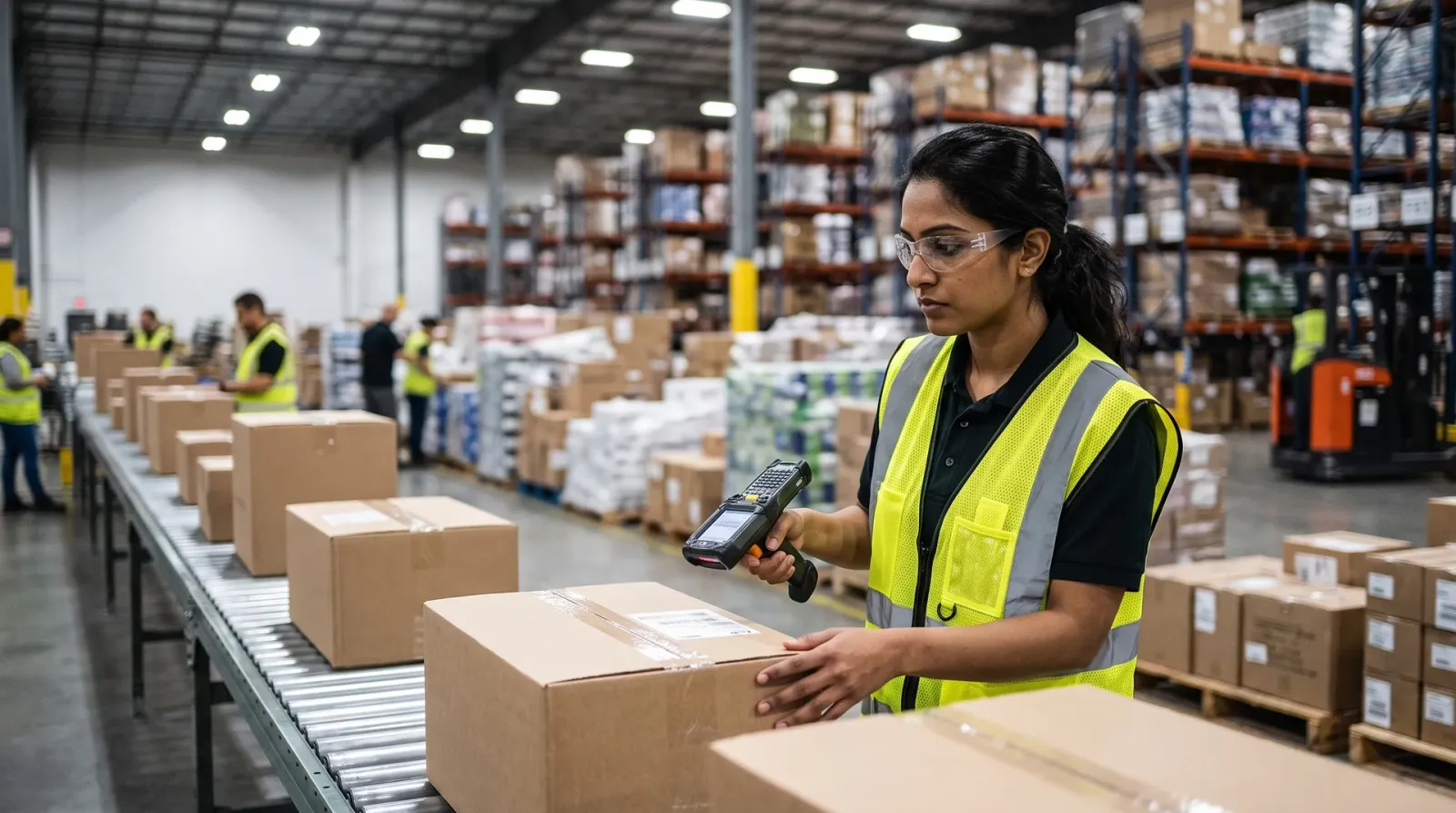 Warehouse associate scanning a package in a distribution center